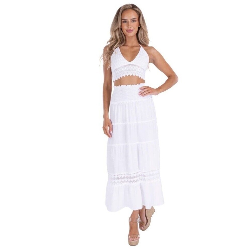 Sea Spice Resortwear Bailey Skirt Midi White UPF 40 Cotton Beach Vacation Sz L‌